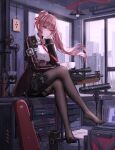  1girl black_jacket black_pantyhose blush braid breasts building bullpup buttons ceiling_fan ceiling_light coffee_grinder coffee_maker coffee_mug collared_shirt commentary computer crossed_legs cup english_commentary feet full_body girls&#039;_frontline girls&#039;_frontline_2:_exilium glock gun hair_between_eyes hair_ribbon half_up_braid hand_on_own_face hand_up handgun highres holding holding_cup holster id_card indoors industrial_pipe instrument_case jacket laptop large_breasts light_particles looking_at_viewer makiatto_(girls&#039;_frontline_2) mug necktie no_shoes on_table open_mouth pantyhose ponytail purple_hair red_eyes red_necktie ribbon rifle shirt sitting skyscraper sniper_rifle solo striped_clothes striped_shirt table telescope thigh_holster thigh_strap valve vertical-striped_clothes vertical-striped_shirt wa2000_(girls&#039;_frontline) walkie-talkie walther walther_wa_2000 weapon white_shirt window yuzuriha_(atelier_liang) 