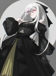  1girl absurdres black_dress closed_mouth dress flower flower_over_eye grey_background highres long_hair looking_at_viewer mechanical_arms mistxii nier_(series) nier_reincarnation official_alternate_costume parted_bangs pink_lips prosthesis prosthetic_arm red_eyes single_mechanical_arm smile solo standing white_hair zero_(drag-on_dragoon) 