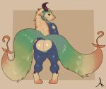 2025 2_tails absurd_res anthro ass_up big_butt big_horn black_sclera blonde_hair blue_body blue_butt blue_claws blue_pupils brown_horn bubble_butt butt butt_heart butt_markings calves_up claws curvy_figure digitigrade dragon facial_markings flat_colors glistening glistening_body glistening_butt glistening_horns green_butt green_tail hair head_markings hi_res horn long_hair looking_at_viewer looking_back male markings multi_tail multicolored_body multicolored_tail muscular muscular_male mythological_creature mythological_scalie mythology paws pupils red_hair red_nose red_paws sam_nevadito_(artist) scalie signature simple_background smile solo tail tail_tuft tan_background tan_claws tuft voluptuous yellow_butt yellow_paws