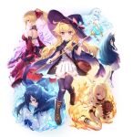  6+girls bandages black_hair blonde_hair boots bow cat_girl cloak colored_skin commentary_request dress fire full_body gloves hair_bow haoni hat highres holding holding_staff little_witch_nobeta looking_at_viewer monica_(little_witch_nobeta) multiple_girls nobeta nonota_(little_witch_nobeta) phyllis_(human)_(little_witch_nobeta) phyllis_(little_witch_nobeta) ponytail red_dress red_eyes staff stuffed_animal stuffed_toy tania_(little_witch_nobeta) teddy_bear vanessa_(little_witch_nobeta) white_hair white_skin witch_hat zettai_ryouiki 