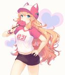  animal_hat badge bangs baseball_cap blonde_hair blush bracelet brown_shorts candy casual cat_hat clothes_writing commentary copyright_name cowboy_shot eating food hand_on_hip hat heart holding holding_food jewelry lollipop long_hair looking_at_viewer nagu pink_hat raglan_sleeves revision seeu short_sleeves shorts signature smiley_face solo standing sweatband tareme thighs very_long_hair vocaloid wavy_hair 