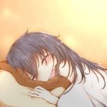  :d akatsuki_(kantai_collection) black_hair blanket blush closed_eyes commentary_request eyebrows_visible_through_hair hair_between_eyes kantai_collection long_hair lying on_side open_mouth orange_background pillow sleeping smile solo sorahachi_(sora823) under_covers 