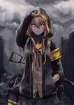  absurdres adjusting_clothes armband bag brown_eyes brown_hair cloud cloudy_sky duffel_bag fingerless_gloves girls_frontline gloves glowing glowing_eyes gun h&amp;k_ump hair_between_eyes heckler_&amp;_koch highres hood hood_up jacket leris_muma long_hair looking_at_viewer scar scar_across_eye scarf skirt sky smile solo submachine_gun ump45_(girls_frontline) weapon 