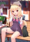  110 1girl bachibachi_(tisen) bad_id bad_twitter_id black_cat blonde_hair blush breasts cat cellphone dress hat highres holding holding_phone little_witch_nobeta long_hair looking_at_viewer nobeta nobeta_(sailor_skin) official_art open_mouth panties panty_peek phone phyllis_(cat)_(little_witch_nobeta) phyllis_(little_witch_nobeta) red_eyes sailor_dress sitting small_breasts smartphone smile solo underwear white_panties 