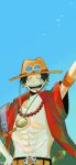  1boy ^_^ abs arm_up bird black_hair blue_sky closed_eyes elbow_pads freckles hand_on_own_hip hat jewelry male_focus mecuru_mecu necklace one_piece open_clothes open_mouth open_shirt orange_hat pearl_necklace portgas_d._ace red_shirt shirt short_hair short_sleeves single_elbow_pad sky solo upper_body 