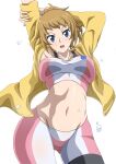  1girl absurdres arms_up ass_visible_through_thighs bike_shorts blue_eyes blush breasts brown_hair commentary_request cowboy_shot grey_background groin gundam gundam_build_fighters gundam_build_fighters_try highres hoshino_fumina jacket large_breasts looking_at_viewer medium_hair midriff navel open_clothes open_jacket open_mouth ponytail safety_kaijo simple_background solo sports_bra stomach stretching sweat two-tone_sports_bra yellow_jacket 