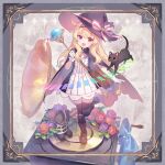  1girl album_cover bandaid bandaid_on_clothes bandaid_on_knee bandaid_on_leg black_thighhighs blonde_hair blue_bow blush boots bow cat cloak cover dekatanaba dress flower full_body gloves hat highres holding holding_staff large_bow little_witch_nobeta looking_at_viewer nobeta official_art open_mouth phonograph phyllis_(cat)_(little_witch_nobeta) phyllis_(little_witch_nobeta) red_eyes rose smile solo staff standing standing_on_one_leg stuffed_animal stuffed_toy teddy_bear textless_version thighhighs white_gloves witch witch_hat 