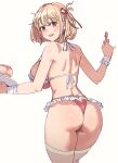  1girl :d ass back bikini blonde_hair bow_(bhp) breasts from_behind hair_ribbon highres holding holding_pen holding_tray large_breasts looking_back lycoris_recoil nishikigi_chisato pen pink_bikini red_eyes red_ribbon ribbon short_hair simple_background smile solo strap_gap swimsuit thighhighs tray white_background white_thighhighs 
