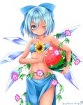  alternate_costume bangs bare_shoulders blue_bow blue_eyes blue_hair bow carrying chikuwa_savi cirno closed_eyes collarbone flower food fruit hair_bow ice ice_wings looking_at_viewer melon morning_glory navel one_eye_closed sarong short_hair smile solo standing strapless tanned_cirno touhou tubetop twitter_username wings 