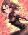  1girl alita battle_angel_alita black_hair bodysuit breasts brown_eyes cyberpunk cyborg facial_mark highres looking_at_viewer mechanical_arms medium_hair open_mouth science_fiction skin_tight solo usuba_kagerou_(shougyouchu) 