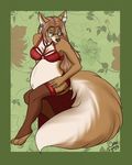  4_toes breasts brown_eyes brown_hair canine clothing detailed_background digitigrade eyewear female fox glasses hair legwear lingerie mammal piercing pregnant ring solo spottedtigress stockings toes xanderblaze 