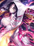  bare_shoulders black_hair blush breast_hold breasts detached_sleeves facial_mark fate/extra fate/extra_ccc fate/grand_order fate_(series) forehead_mark gradient_hair horns kousaki_rui large_breasts long_hair long_sleeves mouth_hold multicolored_hair pink_hair pink_ribbon revealing_clothes ribbon ribbon_in_mouth sesshouin_kiara solo veil yellow_eyes 