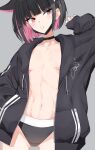  1girl absurdres animal_ears black_choker black_hair black_hoodie black_mask black_nails black_panties blue_archive breasts breasts_apart cat_choker cat_ears choker collarbone colored_inner_animal_ears colored_inner_hair commentary_request extra_ears eyelashes hand_in_pocket hand_up highres hood hoodie isocha kazusa_(blue_archive) linea_alba long_sleeves mask mouth_mask multicolored_hair naked_hoodie navel no_bra open_clothes open_hoodie panties pink_eyes pink_hair short_hair simple_background small_breasts solo stomach teeth toned torso trinity_general_school_logo two-tone_hair underwear unworn_mask unzipped zipper 