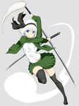  adapted_costume bangs black_hairband black_legwear black_ribbon blue_eyes breasts closed_mouth commentary_request dual_wielding eyebrows_visible_through_hair full_body green_jacket green_skirt hair_ribbon hairband hijikawa_arashi holding holding_sword holding_weapon jacket katana konpaku_youmu konpaku_youmu_(ghost) long_sleeves looking_at_viewer medium_breasts open_clothes open_jacket ribbon shirt short_hair skirt smile solo sword thighhighs touhou weapon white_hair white_shirt 