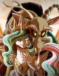  2014 beard discord_(mlp) draconequus duo equine facial_hair fangs feathered_wings feathers female feral friendship_is_magic fur grey_fur hair horn inuhoshi-to-darkpen long_hair looking_at_viewer male mammal multicolored_hair my_little_pony open_mouth princess_celestia_(mlp) red_eyes royalty white_fur winged_unicorn wings yellow_eyes 