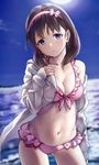  ass_visible_through_thighs bikini blue_eyes blue_sky blurry breasts brown_hair cleavage contrapposto cowboy_shot day depth_of_field eyebrows_visible_through_hair frilled_bikini frills hairband hand_on_own_chest highres hood hooded_jacket hoodie idolmaster idolmaster_cinderella_girls jacket looking_at_viewer medium_breasts medium_hair navel off_shoulder open_clothes open_hoodie open_jacket parted_lips pink_bikini sakuma_mayu sky sleeves_past_wrists solo standing swimsuit takeashiro tareme 