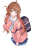  1girl :p ahoge alternate_hairstyle bag blue_overskirt blue_ribbon blue_skirt blush breasts brown_cardigan cardigan commentary_request gakuen_idolmaster gyaru hanami_ume hatsuboshi_gakuen_school_uniform highres idolmaster kogal long_hair long_sleeves looking_at_viewer maruno_zzz medium_breasts neck_ribbon pleated_skirt ribbon school_bag school_uniform shirt simple_background skirt smile solo thighs tongue tongue_out v v_over_mouth very_long_hair white_background white_shirt 