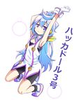  armpits arms_up bike_shorts blue_eyes blue_hair character_name full_body gloves hacka_doll hacka_doll_3 highres long_hair looking_at_viewer male_focus otoko_no_ko simple_background solo totot-ss white_background white_gloves 