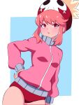  1girl ass_visible_through_thighs beret blizzard_(b1iz4rd) buruma cowboy_shot gym_uniform hand_on_own_hip hat hat_feather highres jacket jakuzure_nonon kill_la_kill light_blush long_sleeves looking_at_viewer open_mouth pink_eyes pink_hair pink_jacket puffy_long_sleeves puffy_sleeves red_buruma simple_background solo standing track_jacket 