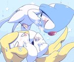  anus azelf blue_background blush breath cum cum_on_penis duo eyes_closed japanese_text jirachi legendary_pok&eacute;mon male male/male messy nettsuu nintendo penis pok&eacute;mon simple_background star tapering_penis text video_games 