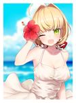  ahoge blonde_hair breasts cloud day dress fate/extra fate_(series) flower green_eyes hair_flower hair_intakes hair_ornament hair_ribbon hibiscus highres large_breasts munuko nero_claudius_(fate) nero_claudius_(fate)_(all) ocean one_eye_closed open_mouth red_flower red_ribbon ribbon solo white_dress windowboxed 