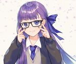  :3 adjusting_eyewear alternate_costume bangs bespectacled black-framed_eyewear black_jacket blue_eyes blue_nails blue_neckwear blue_ribbon blunt_bangs blurry blush closed_mouth collared_shirt eyebrows_visible_through_hair fate/extra fate/extra_ccc fate_(series) fingernails glasses grey_background hair_ribbon jacket long_hair long_sleeves looking_at_viewer meltlilith nagu nail_polish necktie open_clothes open_jacket purple_hair ribbon shirt signature simple_background smile solo sweater_vest upper_body very_long_hair wing_collar 