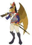 abs anthro armor avian beak boots bottomwear carpo claws clothed clothing draco-rex_(artist) feathered_wings feathers footwear gryphon gun headgear headwear helmet holding_object holding_weapon legwear male melee_weapon military military_uniform muscular muscular_anthro muscular_male musket mythological_avian mythological_creature mythology pyronite(commissioner) ranged_weapon shoes simple_background solo sword tail topwear uniform warrior weapon wings