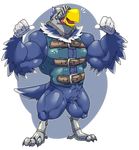  5_fingers abs animal_crossing anthro armor avian beak bicpes bird bottomless cleft clothed clothing eagle feathers happyending helmet male muscular nintendo smile standing sterling_(animal_crossing) thumbs video_games 
