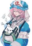  1girl animalization blue_kimono closed_eyes dog green_bag hairband hat japanese_clothes katana kimono konpaku_youmu medium_hair mob_cap pink_hair saigyouji_yuyuko smile sword touhou weapon xian_qishui 