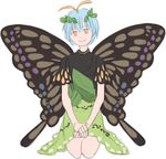  antennae blue_hair butterfly_wings dress eternity_larva eyebrows_visible_through_hair green_dress hair_between_eyes hair_ornament hand_on_hand kneeling leaf_hair_ornament mefomefo short_hair short_sleeves simple_background smile solo touhou white_background wings yellow_eyes 