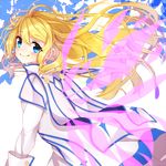  1girl blonde_hair blue_eyes blush capelet collet_brunel dress long_hair smile tales_of_(series) tales_of_symphonia wings 