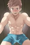  1boy abs aper_sexy blush boxers brown_hair male_focus muscle nipples pov solo_focus straddling sweat topless underwear 