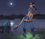  animal_humanoid anthro black_hair breasts clothed clothing female fruitbloodmilkshake grass hair horn humanoid midriff moon night outide sky solo water wide_hips 
