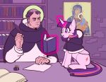  1boy 1girl angry black_cape book bookshelf brown_hair cape christian_mythology desk floating halo highres hood hood_down horns ink inkwell jesus levitation long_hair monk multicolored_hair my_little_pony my_little_pony:_friendship_is_magic outdoors paper pink_hair priest purple_eyes purple_hair quill robe single_horn smile streaked_hair thomas_aquinas toffee_32 tonsure twilight_sparkle virgin_mary white_robe wide_sleeves 