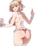  ass back bikini blonde_hair bow_(bhp) breasts commentary_request food frilled_bikini frills from_behind highres holding holding_pen holding_plate large_breasts looking_at_viewer looking_back lycoris_recoil nishikigi_chisato open_mouth pen pink_bikini plate red_eyes short_hair sideboob swimsuit thighhighs thighs white_thighhighs 