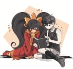  1boy 1girl :o ahoge arm_support artist_name ashley_(warioware) bare_arms bare_shoulders black_eyes black_hair black_socks black_tank_top blush book border bright_pupils closed_mouth colored_skin commentary commission crossover double-parted_bangs dress empty_eyes english_commentary flipped_hair full_body hair_behind_ear hair_between_eyes hatching_(texture) highres holding holding_sketchbook hooded_dress jitome kneehighs long_hair looking_at_object no_pupils no_shoes omori omori_(omori) open_book orange_background orange_hood outside_border red_dress red_eyes red_shoes second-party_source shadow shoes short_hair shorts simple_background sitting sketchbook skull_brooch socks striped_clothes striped_shorts tank_top twintails v_arms vertical-striped_clothes vertical-striped_shorts very_long_hair very_short_hair warioware white_border white_pupils white_shorts white_skin yokozuwari zipsunz 
