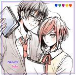  1girl alternate_costume bad_id bad_pixiv_id black_eyes black_hair book cardigan character_name datte_waka eyebrows_visible_through_hair height_difference necktie nezumi_(no.6) no.6 red_eyes red_hair safu school_uniform short_hair sketch sweater_vest 
