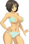  1girl ahoge black_hair breasts cosplay green_eyes hand_on_hips honchan katsuragi_(senran_kagura)_(cosplay) navel panties pixel_art strapless_bra striped_bra striped_panties underwear warner 