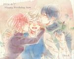  2014 2boys ahoge bad_id bad_pixiv_id birthday black_hair blush cheek_kiss closed_eyes dated datte_waka gloves happy_birthday holding_hands hug interlocked_fingers kiss multiple_boys nezumi_(no.6) no.6 red_hair safu scarf shion_(no.6) short_hair smile turtleneck white_hair 