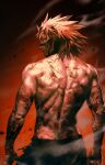  166_172 1boy back blood blood_on_arm blood_on_back blood_on_face boku_no_hero_academia headgear highres kirishima_eijiro looking_at_viewer looking_back male_focus mask medium_hair muscular muscular_male red_background red_eyes red_hair simple_background solo spiked_hair teeth topless_male upper_body 
