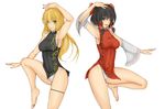  arm_up armpits ascot bangs bare_shoulders barefoot blonde_hair bow braid breasts china_dress chinese_clothes commentary_request cookin cowboy_shot detached_sleeves dress fighting_stance hair_bow hair_tubes hakurei_reimu kirisame_marisa large_breasts leg_up long_hair looking_at_viewer martial_arts medium_breasts microdress multiple_girls navel open_mouth panties side-tie_panties single_braid smile soles standing standing_on_one_leg touhou underwear wide_sleeves 