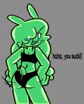 2025 aliasing animal_humanoid binary_drawing black_bra black_clothing black_panties black_underwear blush blush_stickers bra butt clothed clothing dialogue digital_drawing_(artwork) digital_media_(artwork) empty_eyes english_text exposure_variation eyelashes female fingers flat_colors goo_creature goo_humanoid green_body green_hair grey_background hair hair_over_eye hands_on_hips hi_res humanoid insult insulting_viewer lagomorph lagomorph_humanoid leporid_humanoid looking_at_viewer looking_back looking_back_at_viewer mammal mammal_humanoid open_mouth open_smile panties pantsless portrait rabbit_humanoid rear_view scut_tail shaking_butt short_tail simple_background smile solo tail talking_to_viewer taunting text three-quarter_portrait training_bra underwear weirdenned white_eyes