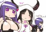  absurdres bare_shoulders black_hair bow breasts collarbone commentary covered_nipples english facial_mark fate/extra fate/extra_ccc fate/grand_order fate_(series) forehead_mark hair_bow highres horns huge_breasts large_breasts long_hair meltlilith multiple_girls open_mouth passion_lip pink_bow purple_eyes purple_hair revealing_clothes ribbon sesield sesshouin_kiara smile upper_body veil 