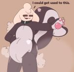 animate_inanimate anthro baby_powder bovid caprine clothing diaper goat latex latex_clothing latex_skinsuit male mammal mephitid moople_(moopleplush) moopleplush plushie skinsuit skunk text tight_clothing