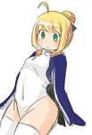  absurdres ahoge animal_costume artoria_pendragon_(all) bangs blonde_hair blue_bow bow commentary cosplay emperor_penguin_(kemono_friends) emperor_penguin_(kemono_friends)_(cosplay) eyebrows_visible_through_hair fate/stay_night fate_(series) flat_chest green_eyes hair_bow hair_bun highres kemono_friends leotard penguin_costume saber sesield solo sweatdrop thigh_gap thighhighs white_legwear 