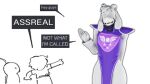 2d_on_3d 3d_(artwork) asriel_dreemurr blender_(artwork) blender_eevee bovid bovid_horn caprine caprine_horn clothing digital_media_(artwork) dress fur gesture goat goat_horn group hi_res horn human legwear male mammal not_what_im_called purple_clothing simple_background smile speech_bubble text thedirtyant tights toby_fox_(copyright) undertale undertale_(series) waving waving_hand white_background white_body white_fur white_skin