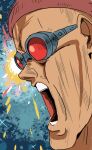  1boy bask_om beanie blue_background clich51368861 death explosion explosion_background from_side goggles gundam gundam_gquuuuuux hat male_focus open_mouth pain paptimus_scirocco parody portrait red-tinted_eyewear red_hat solo sparkle spoilers style_parody tinted_eyewear waverider_crash zeta_gundam 