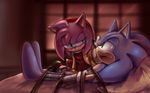  2014 amy_rose anthro barefoot bed boots clothing dress duo female footwear gloves green_eyes hair half-closed_eyes hammer hedgehog inside male mammal open_mouth parody pillow pink_hair restrained rope sasisage short_hair smile sonic_(series) sonic_the_hedgehog sweat tools video_games window wounded 