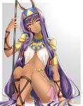 banned_artist bracelet dark_skin earrings egyptian egyptian_clothes facial_mark fate/grand_order fate_(series) hairband head_tilt hoop_earrings jewelry long_hair looking_at_viewer nitocris_(fate/grand_order) orii_(orii_i) purple_eyes purple_hair sidelocks sitting solo staff very_long_hair 