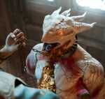 3d_(artwork) anthro armor baldur&#039;s_gate baldur&#039;s_gate_3 beepyromancer blue_tongue chain chain_leash cheek_spikes chin_horn clothed clothing collar day digital_media_(artwork) dominant dominant_human dominant_male dragonborn_(dnd) dungeons_and_dragons duo facial_horn facial_spikes finger_fetish finger_in_mouth finger_lick finger_play fingers gauntlets gloves glowing glowing_eyes gortash_(baldur&#039;s_gate) hands_behind_back handwear hasbro hi_res horn human human_on_anthro inside interspecies larian_studios leash licking male male/male mammal muscular muscular_anthro muscular_male nude open_mouth red_body red_eyes red_scales scales scalie shirt solo_focus spikes spikes_(anatomy) submissive submissive_anthro submissive_male teeth the_dark_urge_(baldur&#039;s_gate) thumb_in_mouth tongue topwear white_body white_scales wizards_of_the_coast